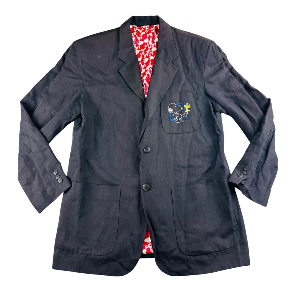 Vintage Iceberg Snoopy Woodstock Peanuts Blazer Men 50 L Black Linen Silk Italy
